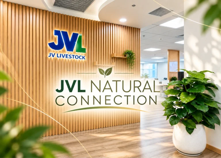Khu vực nhận diện thương hiệu JVL Office với hệ lam gỗ 1