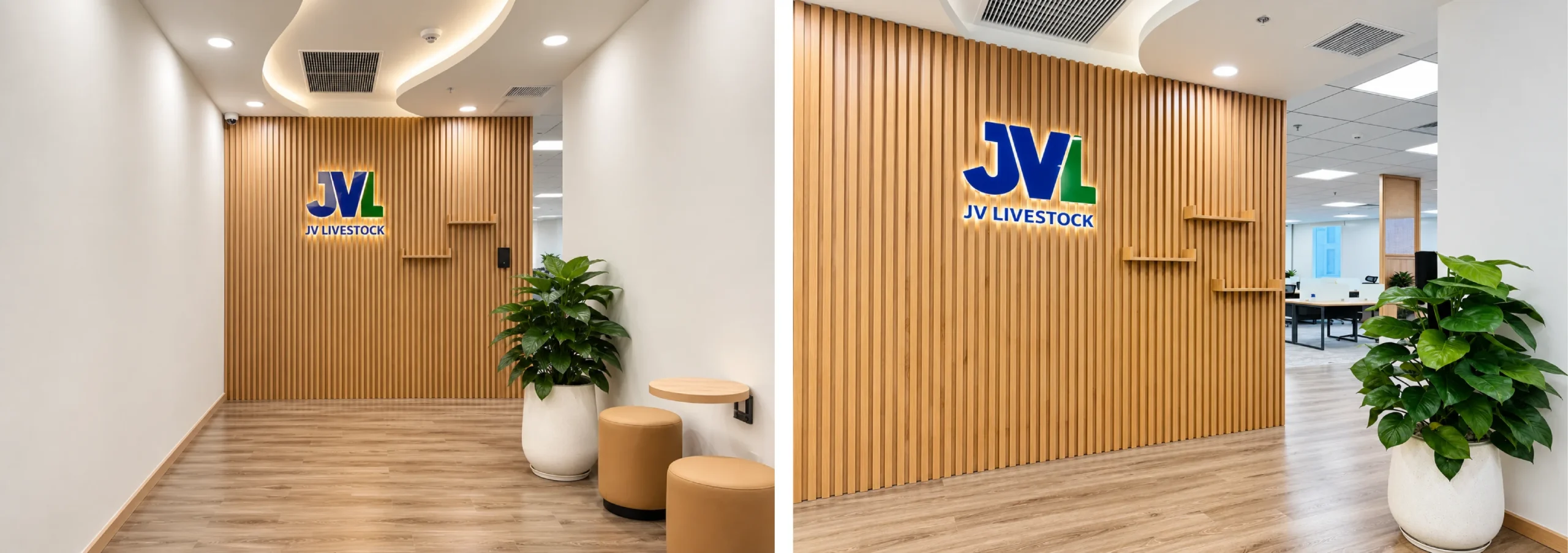 Khu vực nhận diện thương hiệu JVL Office với hệ lam gỗ 2