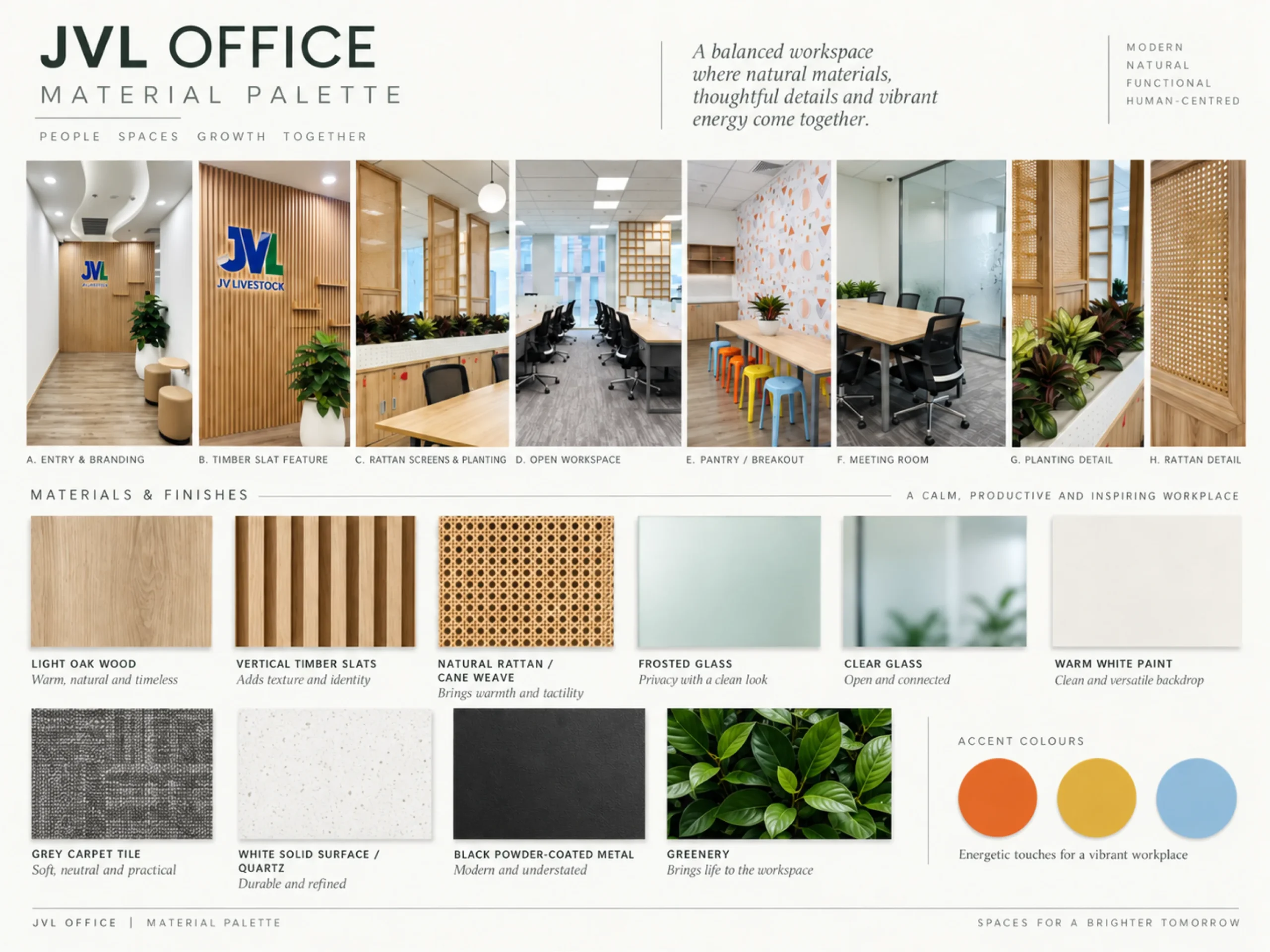Bảng vật liệu dự án JVL Office gồm gỗ, mây đan, kính và cây xanh 1
