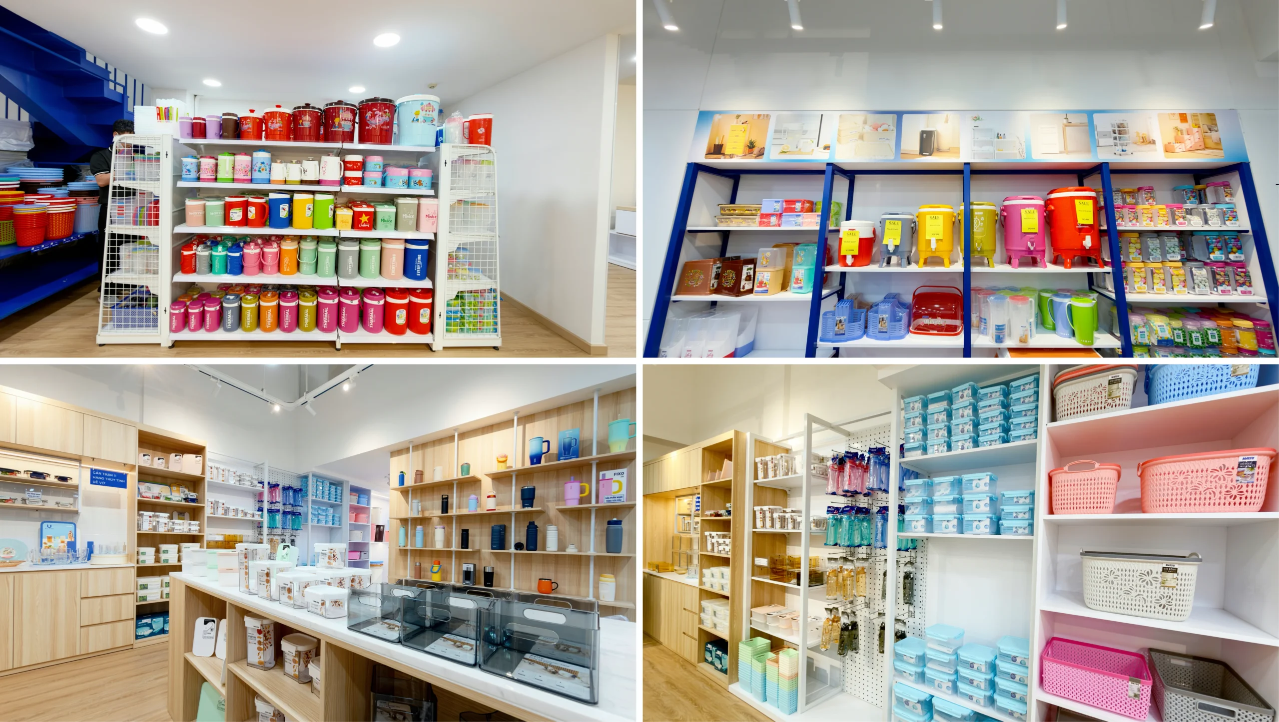 Colorful household products displayed against a neutral showroom interior