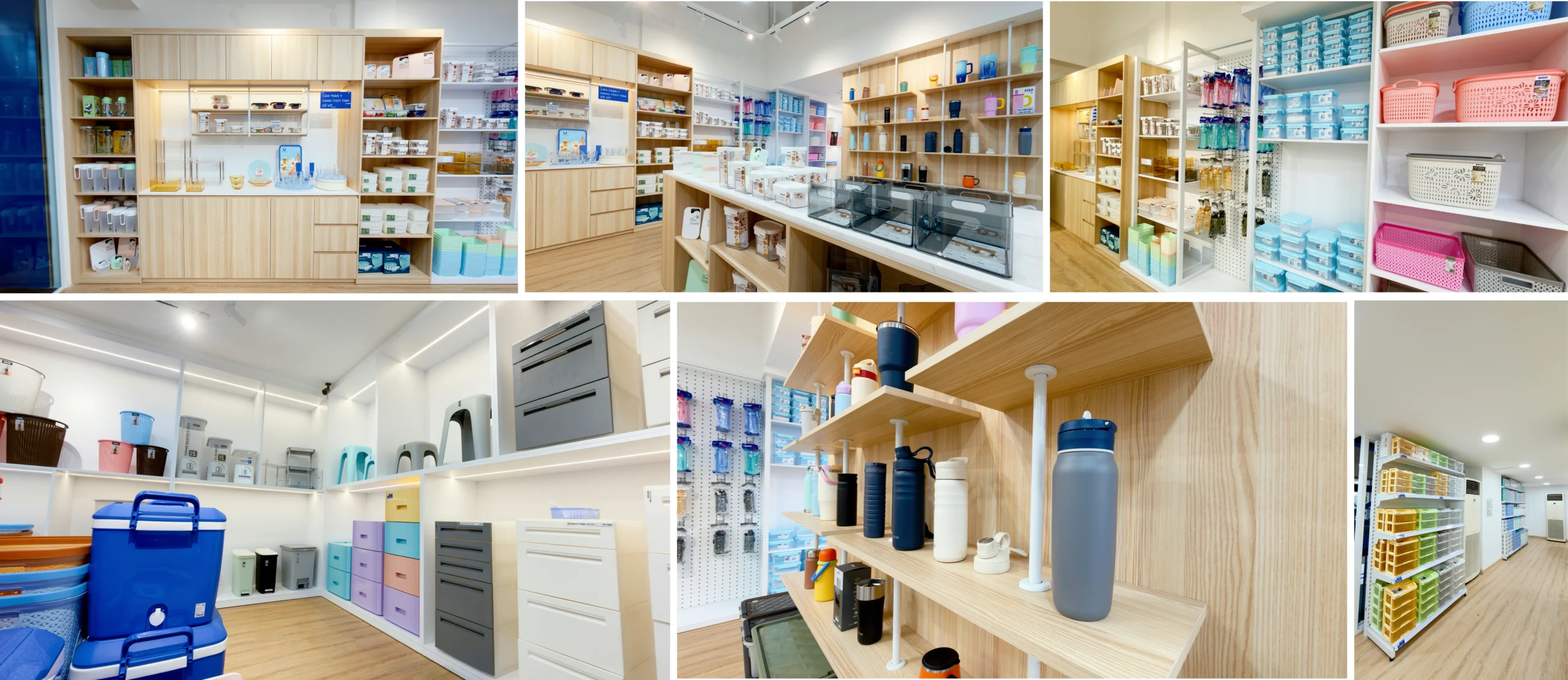 Flexible product display system organized by category at Duy Tan Showroom