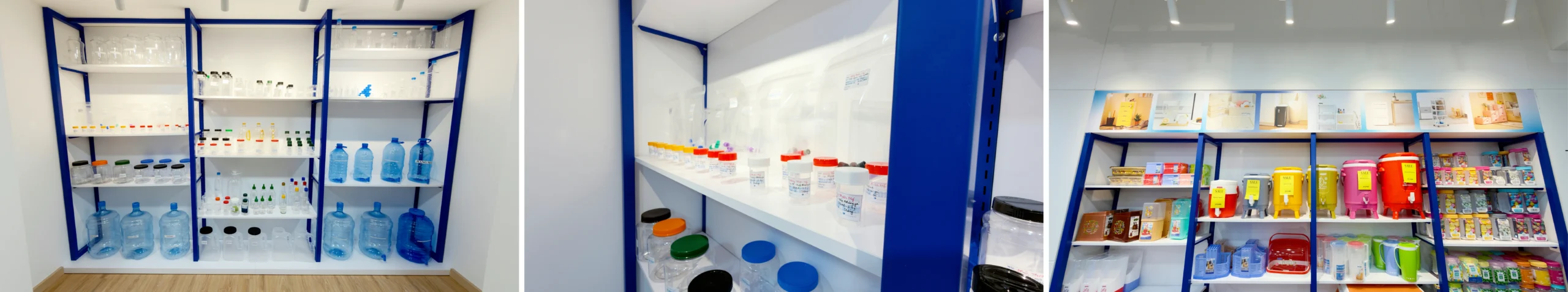 Sample product display area with blue framing and white shelving system