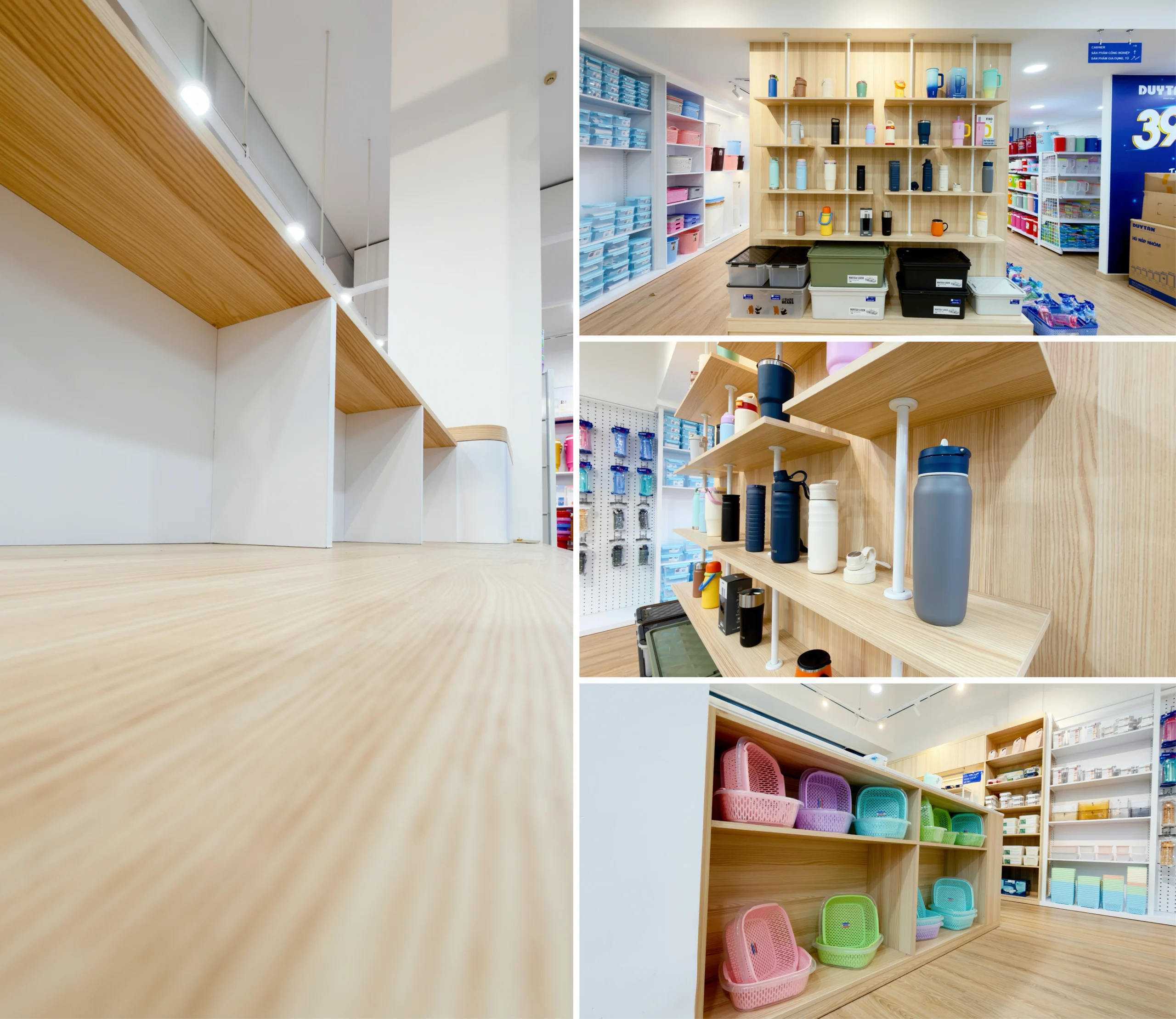 Light timber display system for household products at Duy Tan Showroom